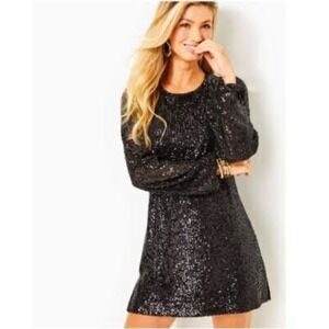 Lilly Pulitzer Nicoline Long Sleeve Sequin Shift‎ Dress Noir Black NWT Size 4
